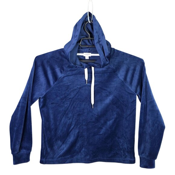 Womens J.Crew Navy Blue Velour Hoodie Pullover Sweatshirt Polyester Stretch S - Picture 1 of 7